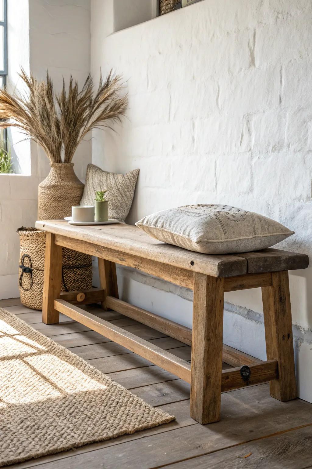 Mudroom bench with chunky barn-beam legs—simple seat, bold lines, warm rustic texture.