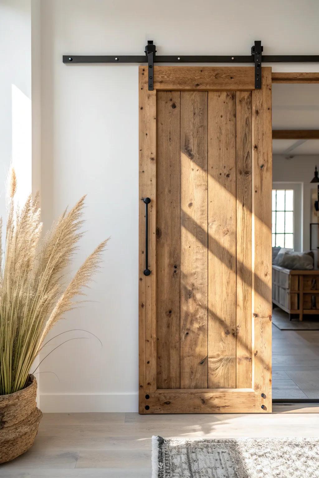 Imperfectly perfect: a reclaimed slab barn door with battens and bold black hardware.
