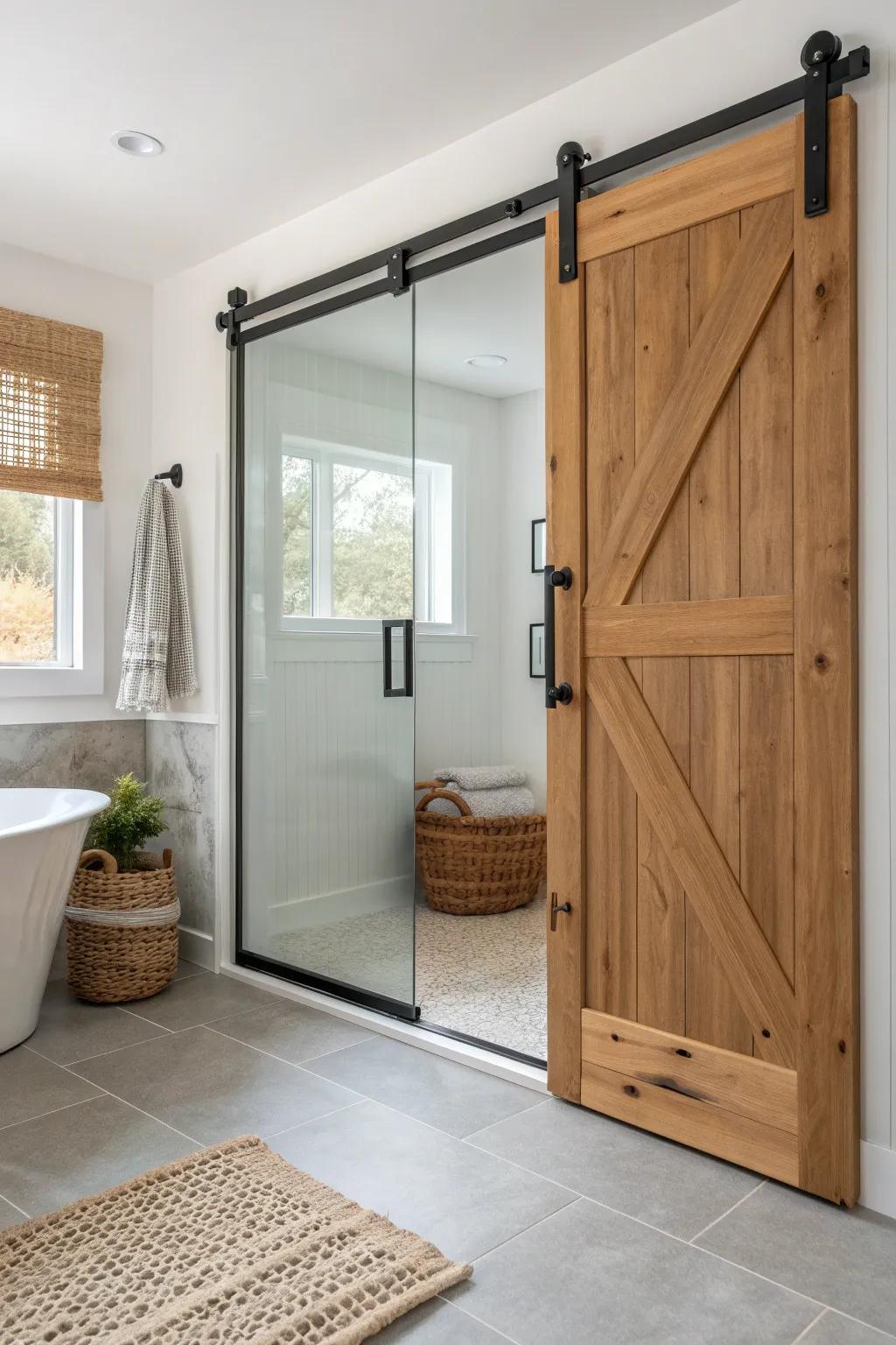 Barn-style shower slider meets a half wall return panel—airy, minimal, and splash-smart.