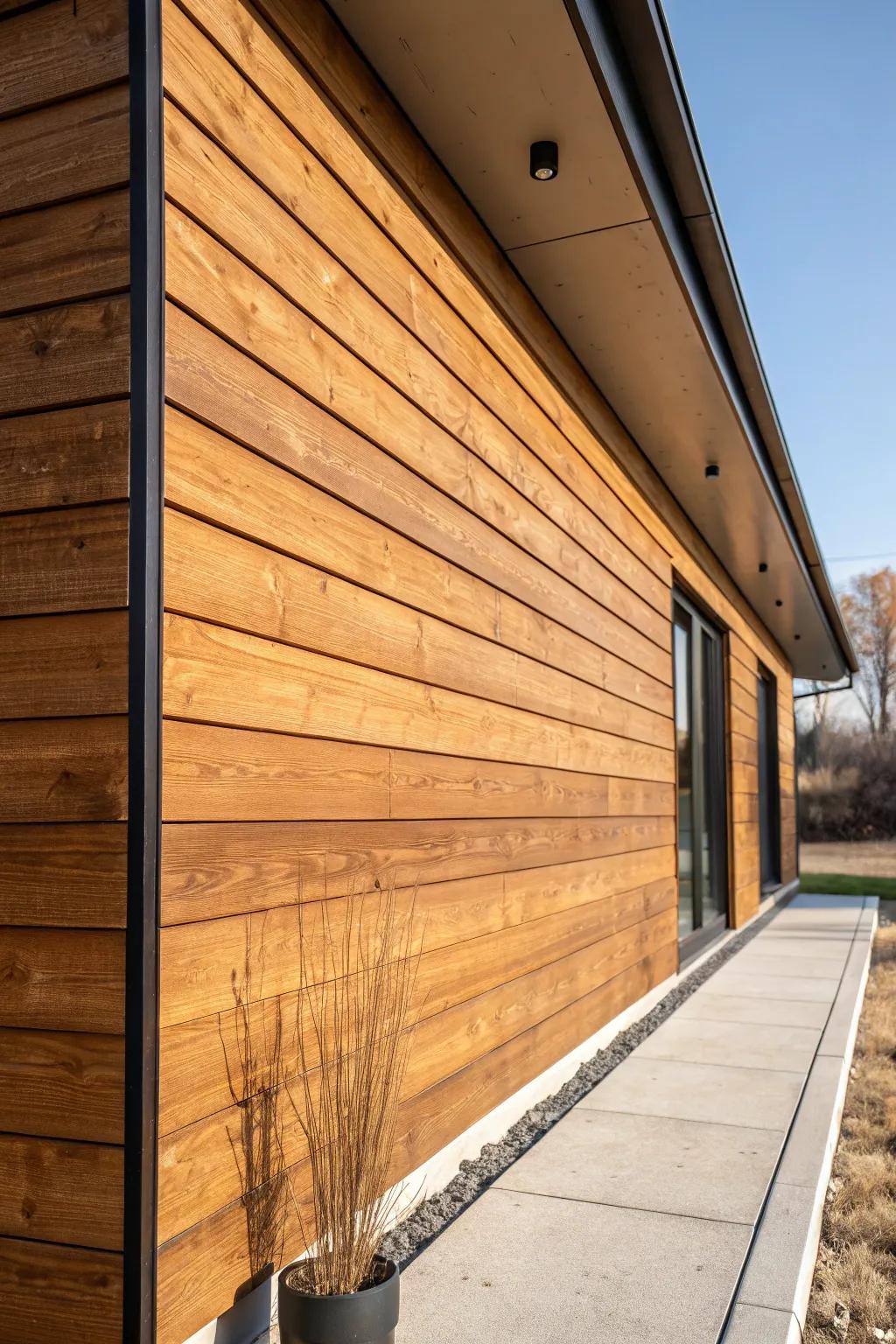 Clear-stained cedar siding—warm grain, clean lines, and a touchably natural barndominium look.