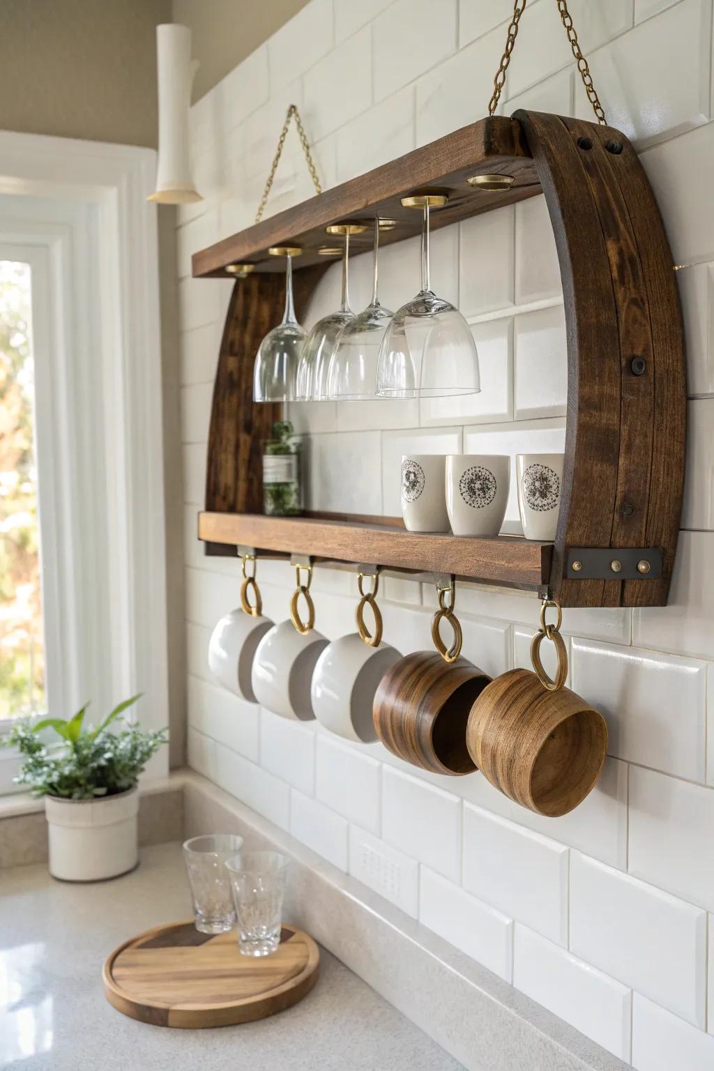 Dark wine-barrel stave rack: mugs below, glasses above—minimal, warm, handmade charm.