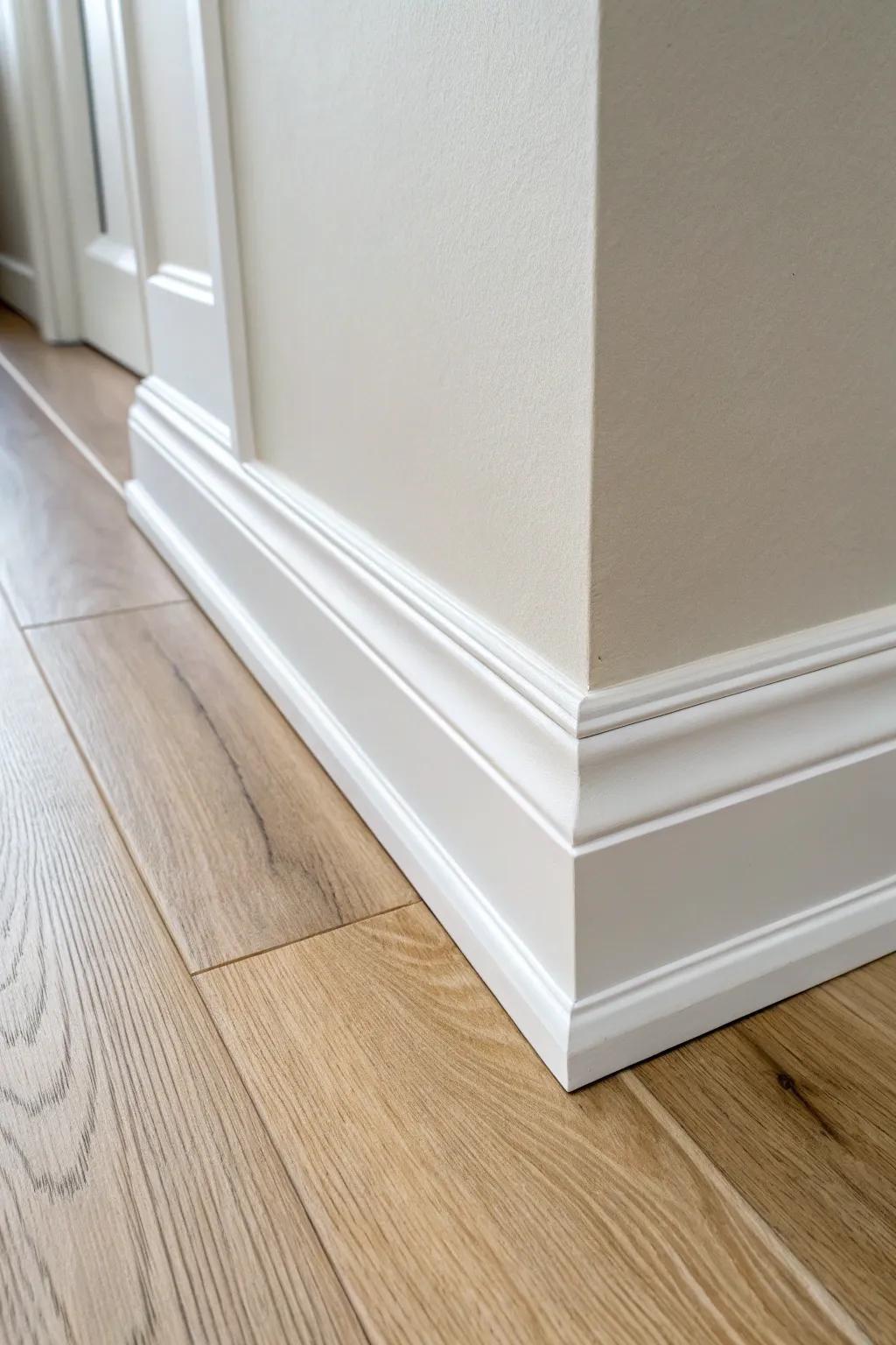 Two-tone base trim with greige shoe molding—an elegant fix for uneven floor gaps.