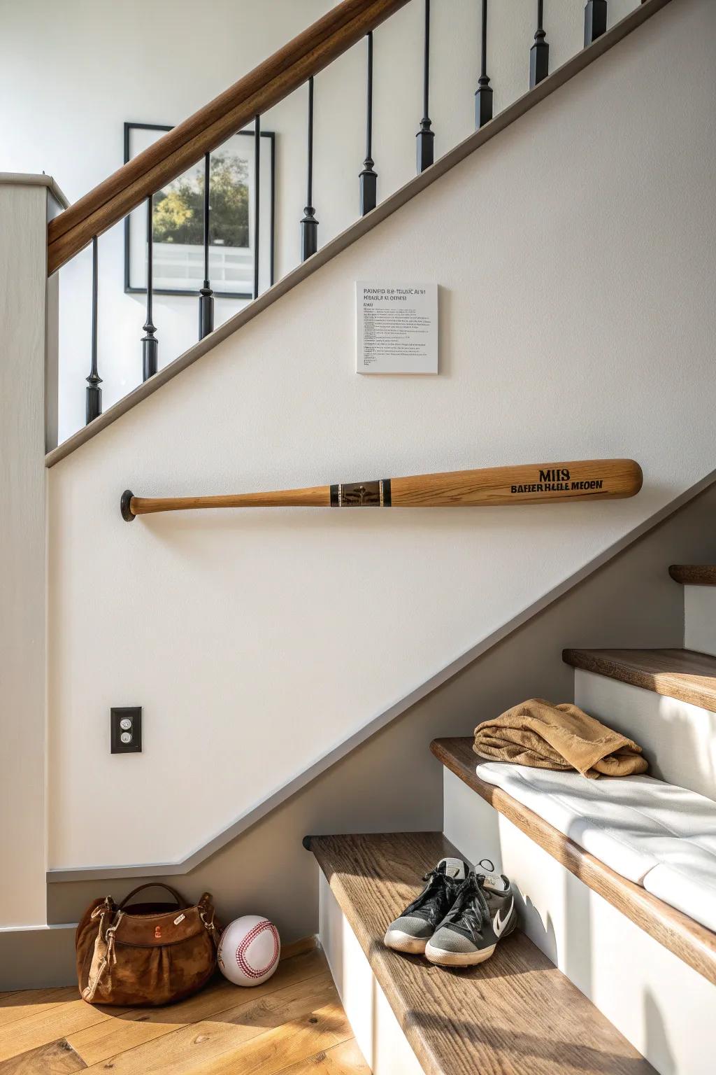 Turn the under-stairs wall into a curated bat gallery with warm wood and clean, minimal lines.