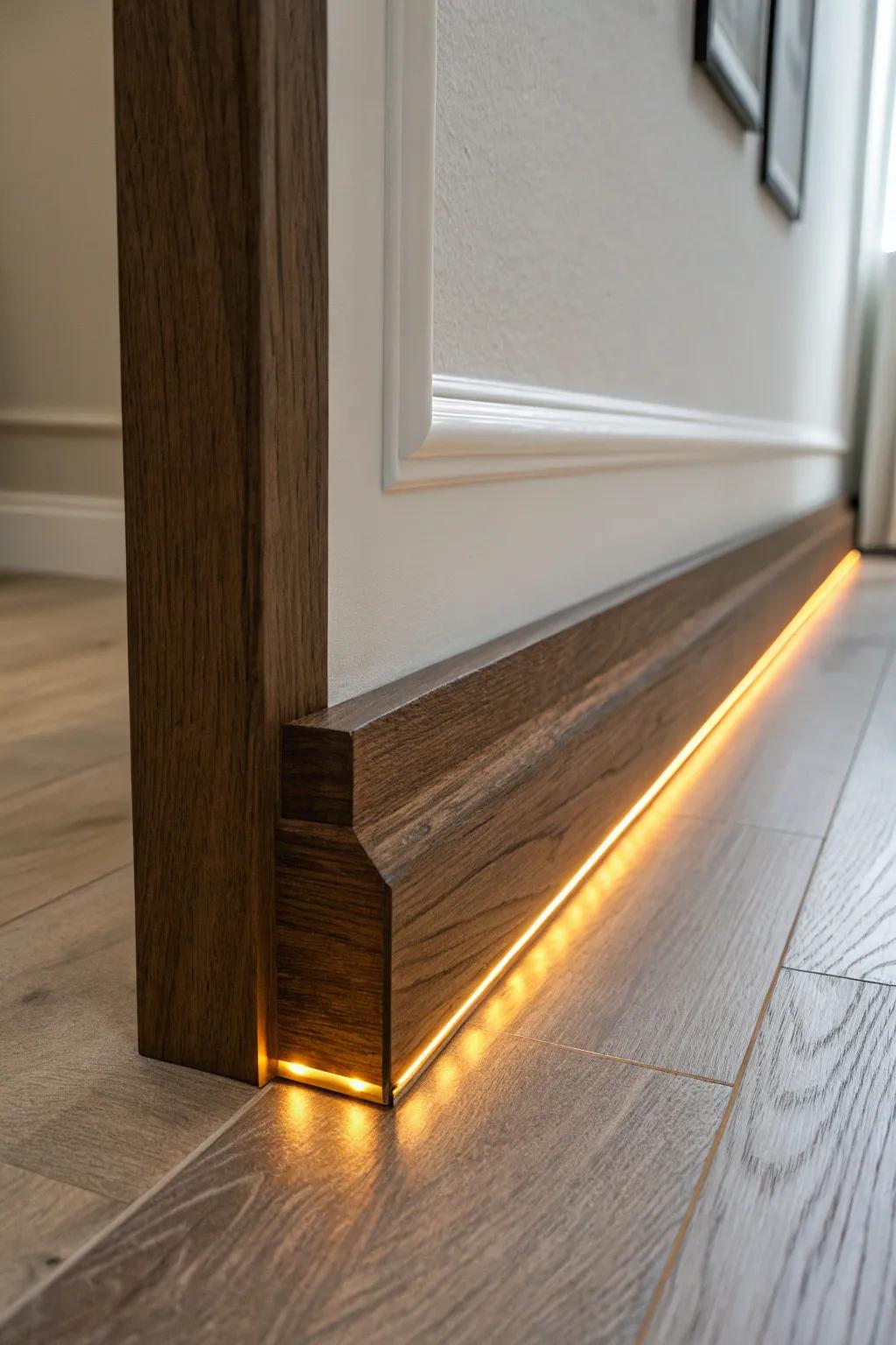 Dark stained baseboards + warm LED glow—an elegant underline that grounds the whole room.