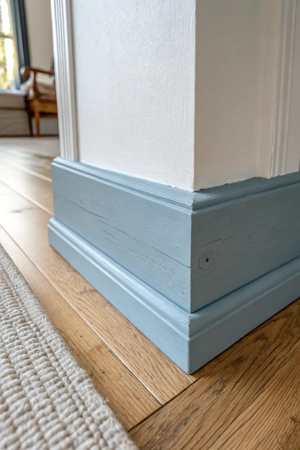 Dusty blue baseboards for cottage charm—soft color, crisp contrast, and handcrafted detail.