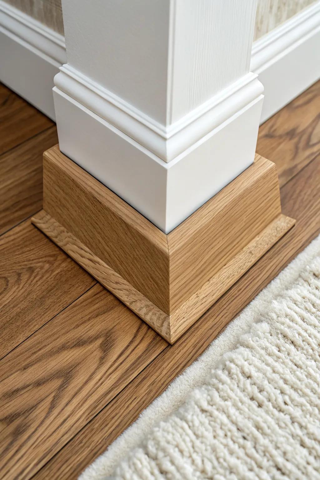 A tiny terminal block makes shoe molding end cleanly where carpet meets hardwood—no fussy miters.