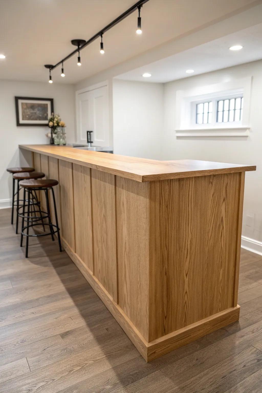 Clean waterfall-edge oak bar top that turns a basement into a built-in, high-end feature.
