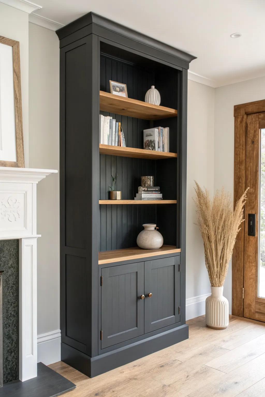 Deep charcoal painted bookshelf wall—moody, crafted, and glowing against a light basement lounge.