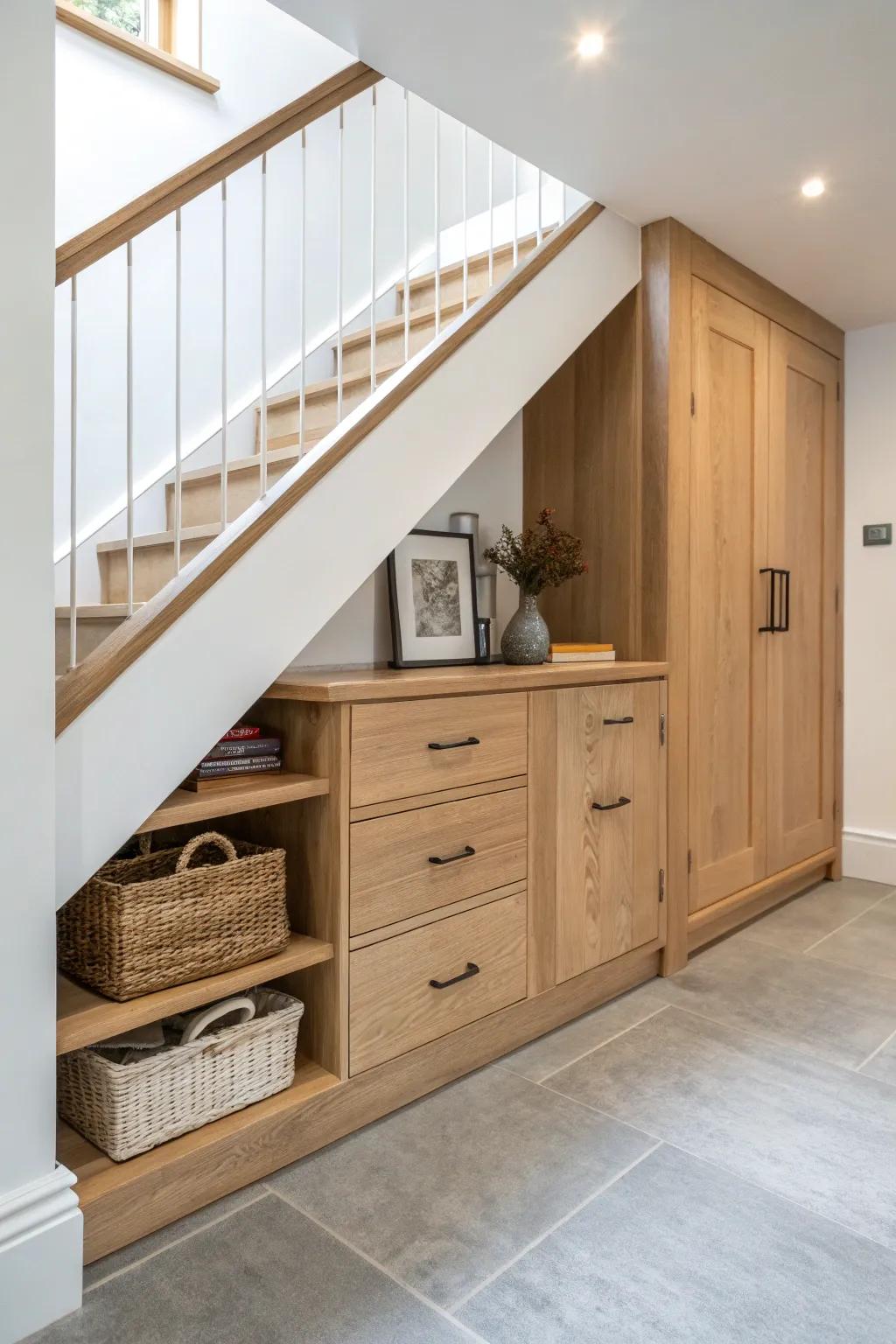 Step-down under-stair cabinets turn that awkward basement triangle into beautiful storage.