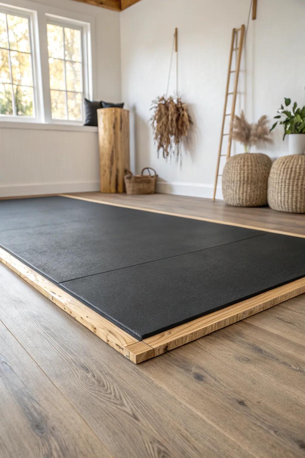 Quiet, joint-friendly basement gym zone—sleek black rubber mat on warm oak subfloor.