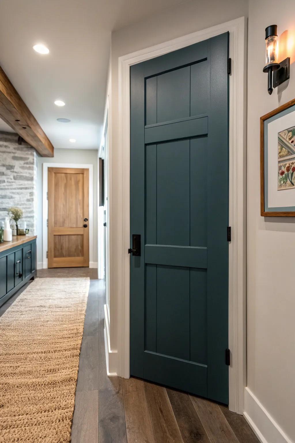 A moody painted door turns a basement hallway into a finished, designer-looking space.