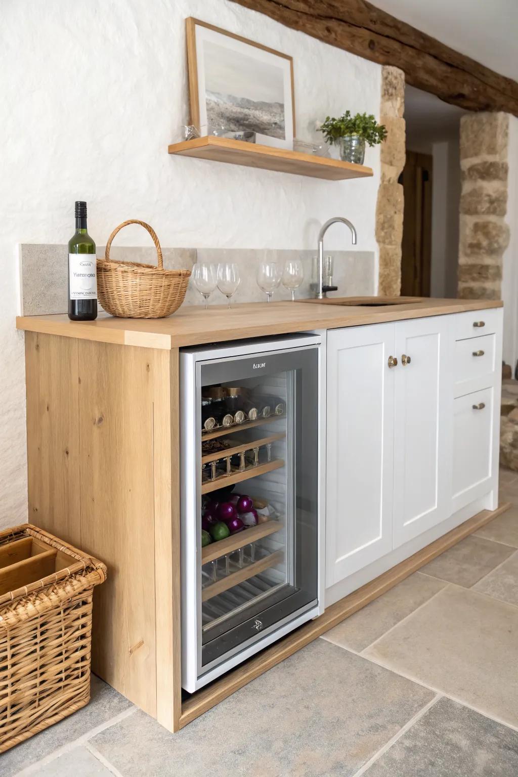 Built-in beverage fridge cubby framed like fine cabinetry for a clean, integrated island bar.