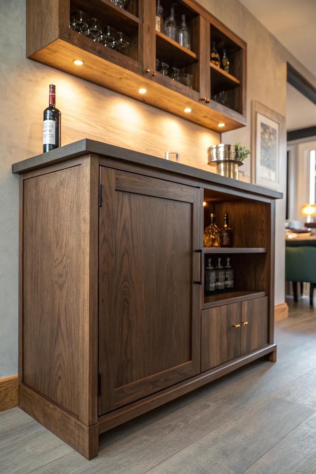 Dark-stained walnut bar cabinetry with warm lighting for a cozy, tucked-away pub vibe.