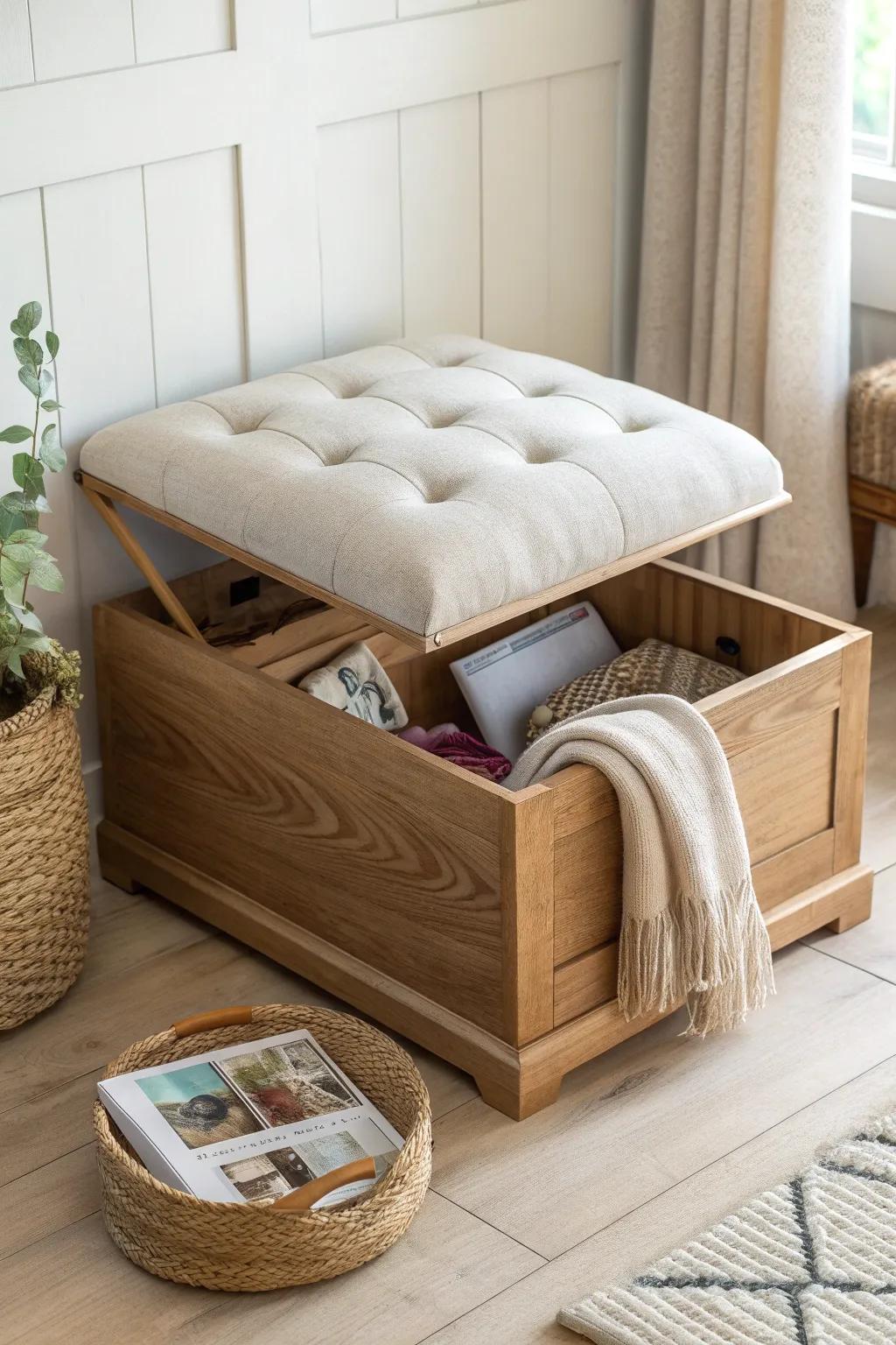Cedar storage ottoman: deep lounge comfort with hidden space for blankets and games.