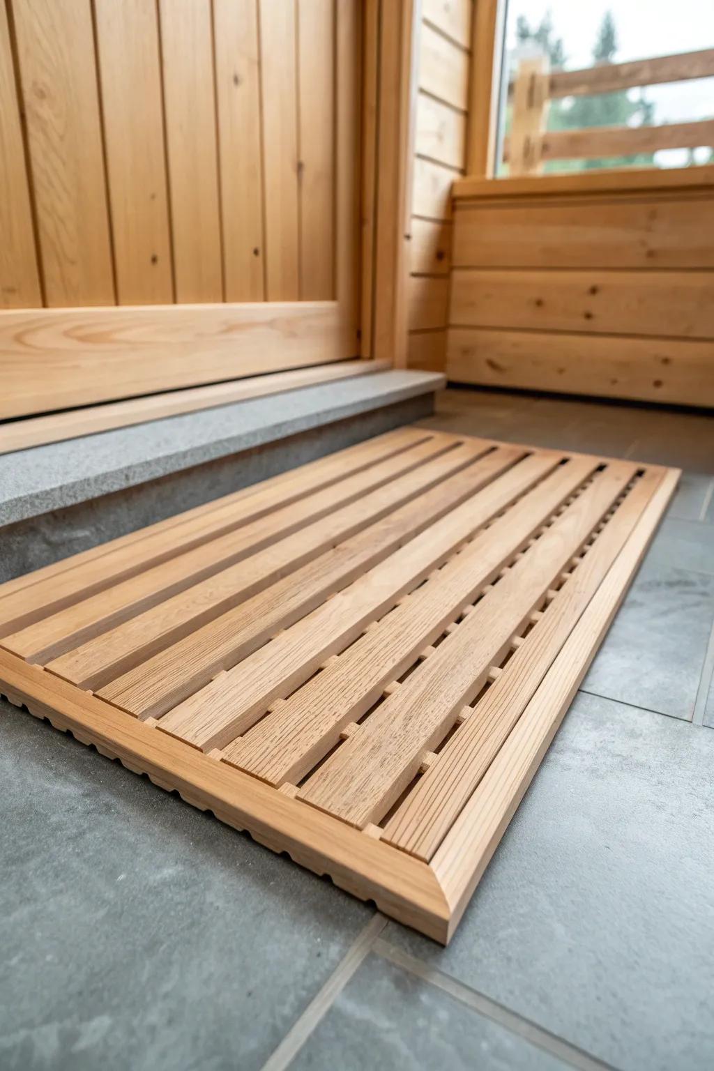Warm underfoot: a lift-out cedar duckboard floor that softens concrete in a basement sauna.