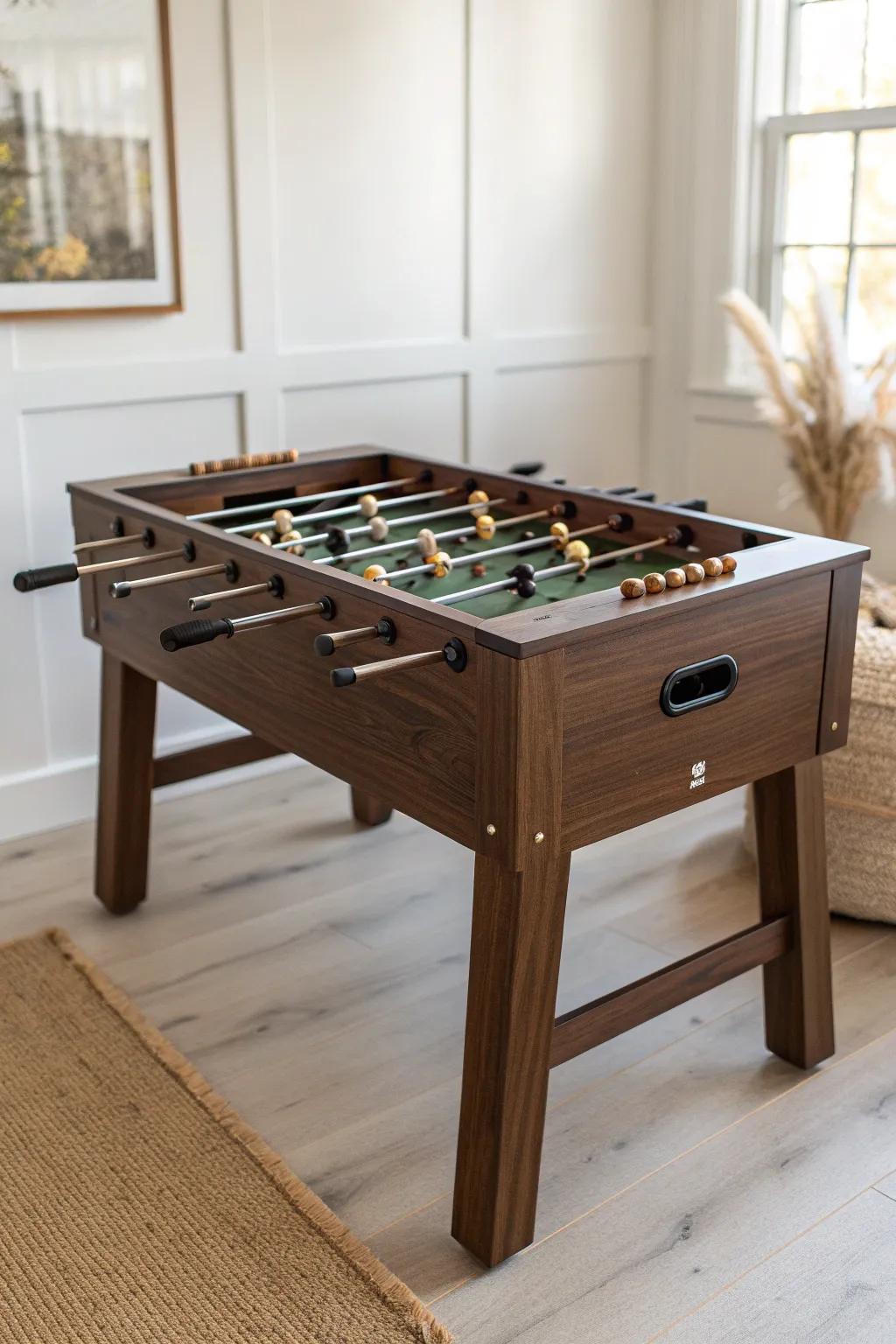 Dark walnut wood‑cabinet foosball table—minimal trim, warm light, grown‑up basement style.