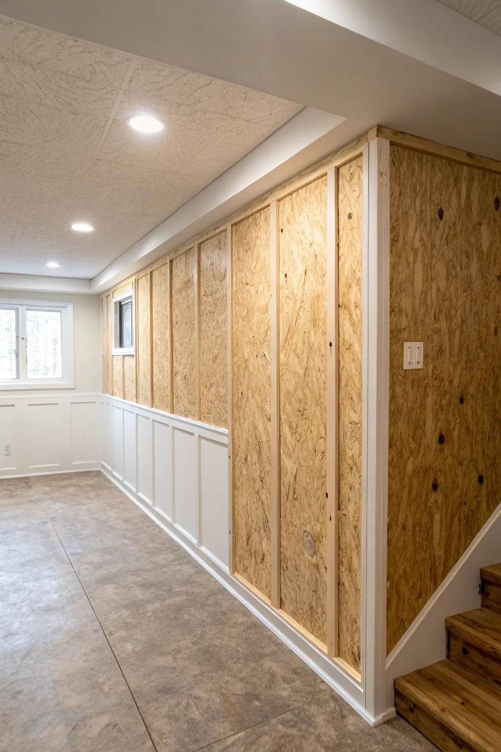 Clear-matte sealed OSB makes a basement wall feel modern, durable, and beautifully intentional.