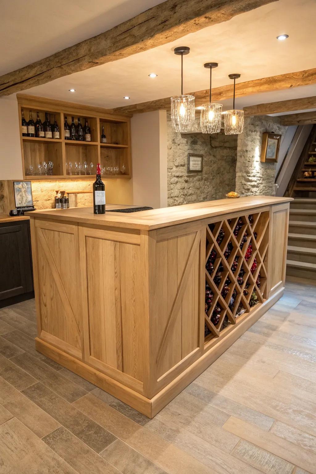 A handcrafted L-shaped oak wraparound counter that zones your basement wine bar beautifully.