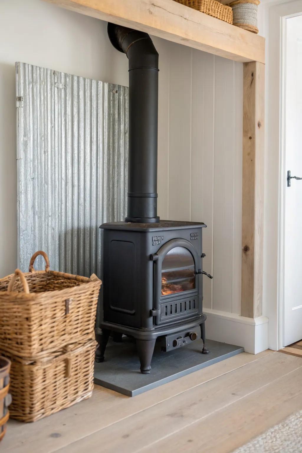 Corrugated-metal heat shield adds clean barn charm behind a basement wood stove.