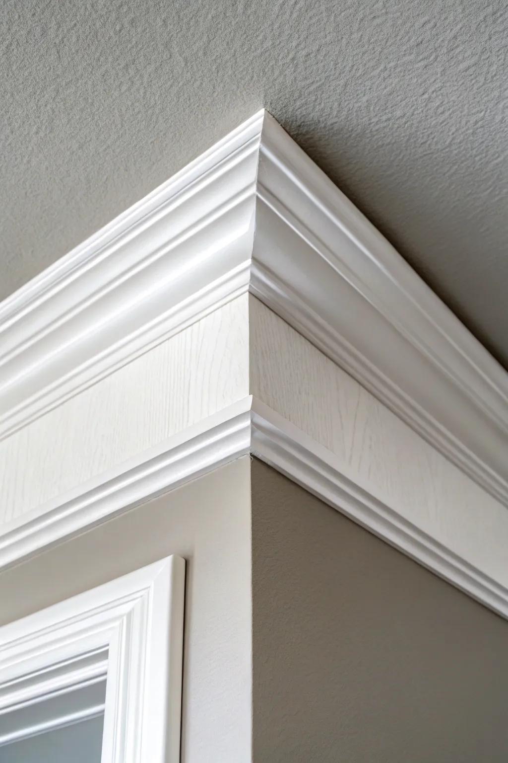 Bright painted ceiling trim creates a crisp outline—clean, calm, and made for humid bathrooms.