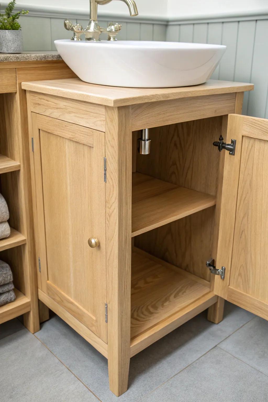 L-shaped under-sink corner cabinet in light oak—beautifully minimal, with a removable back for easy repairs.