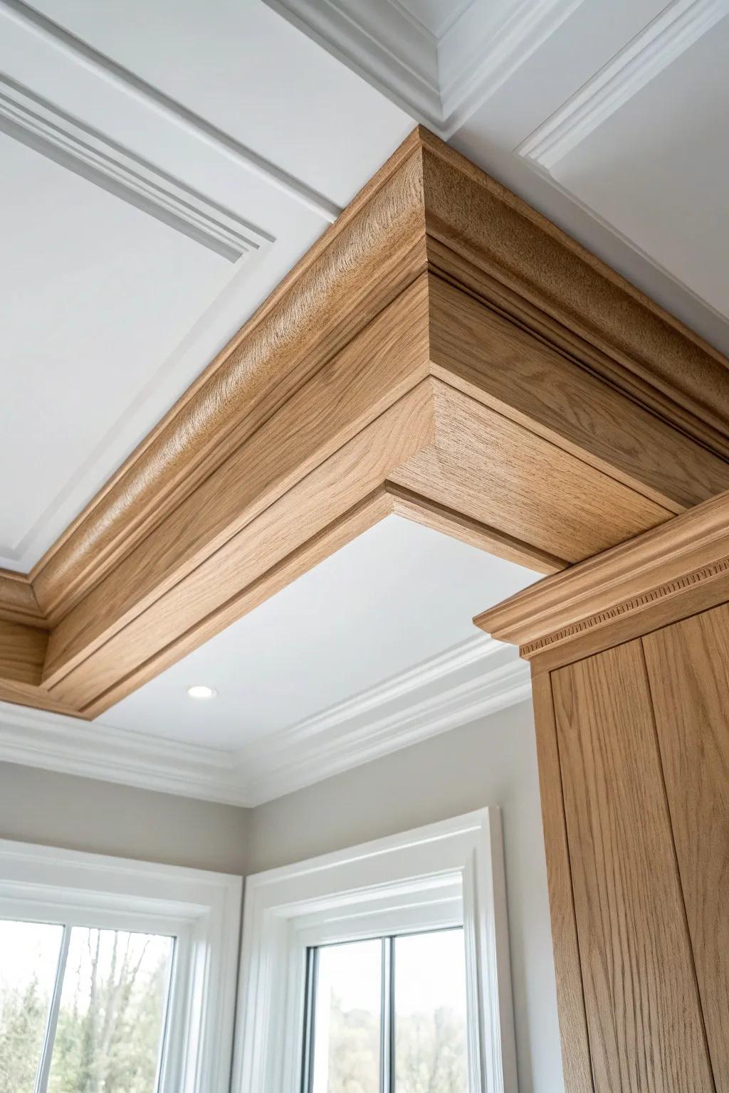 Layered crown molding on a tray ceiling turns a simple bathroom ceiling into a statement.