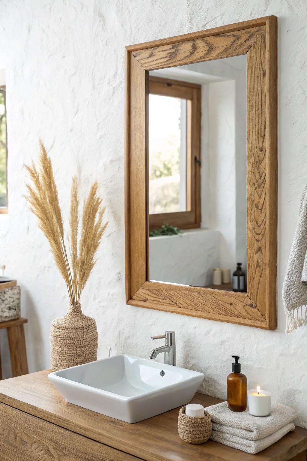 Warm natural oak mirror border for an airy spa bathroom—sealed matte and easy to wipe clean.