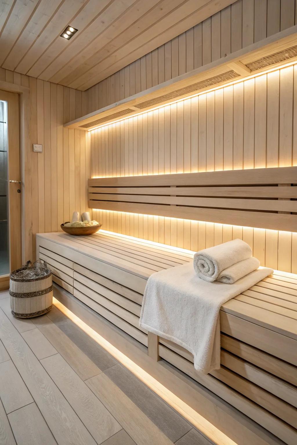 A warm hidden LED glow under the bench turns a simple sauna into a calm, high-end retreat.