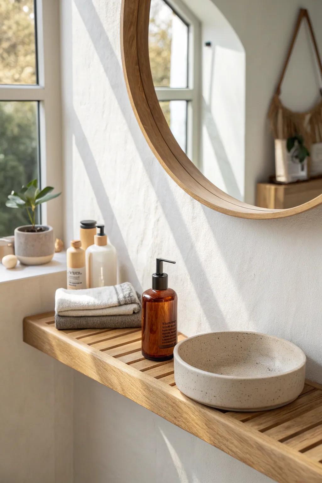 A slim oak ledge under the mirror adds storage without clutter—plus a tiny lip for safety.