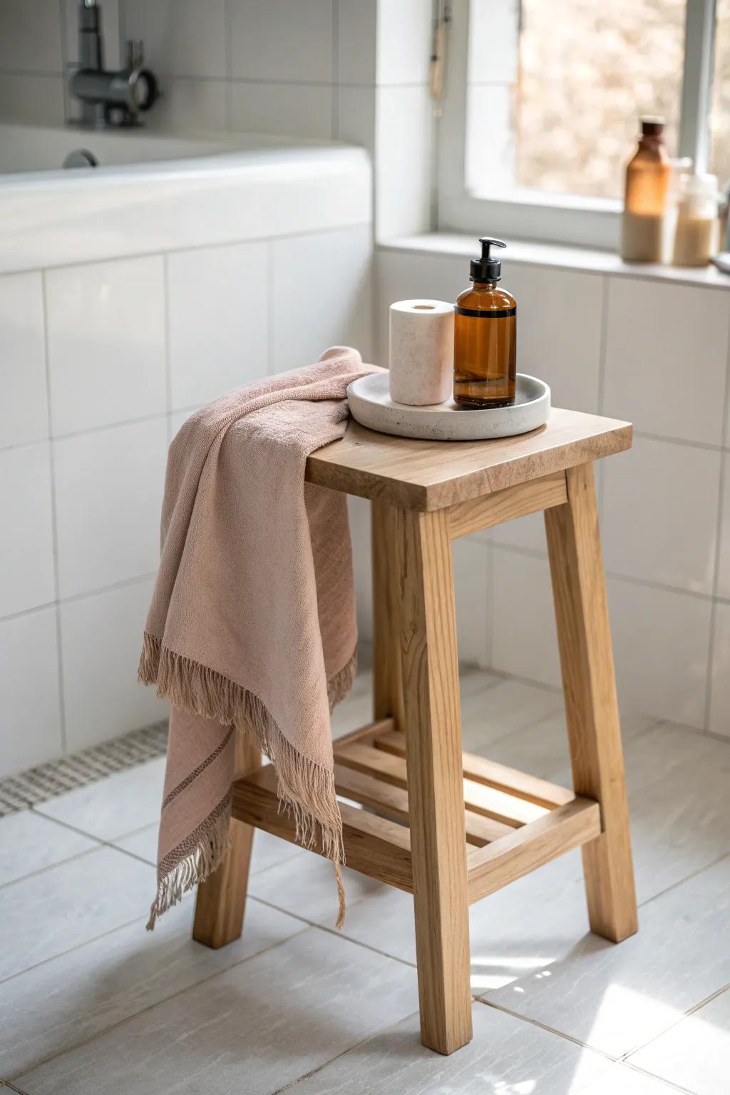 Drape a hand towel on the lower rung for effortless, lived-in softness—keep the top simple.