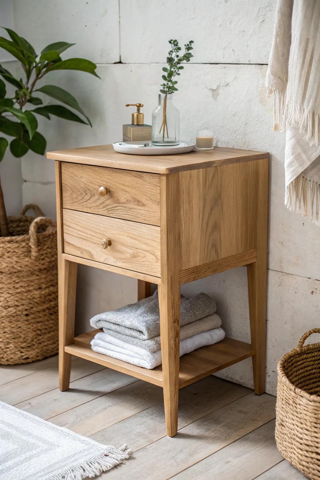 Upcycled nightstand turned bathroom table—warm wood, hidden storage, and a sleek moisture-safe finish.