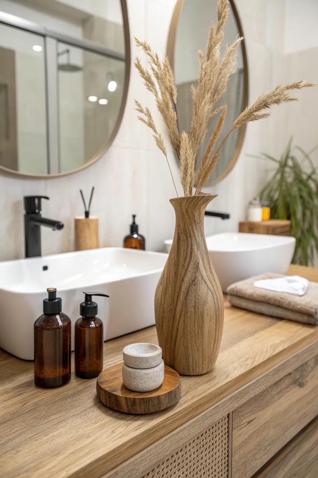 Double-sink calm: mirror the basics and let one handcrafted wood centerpiece anchor the vanity.