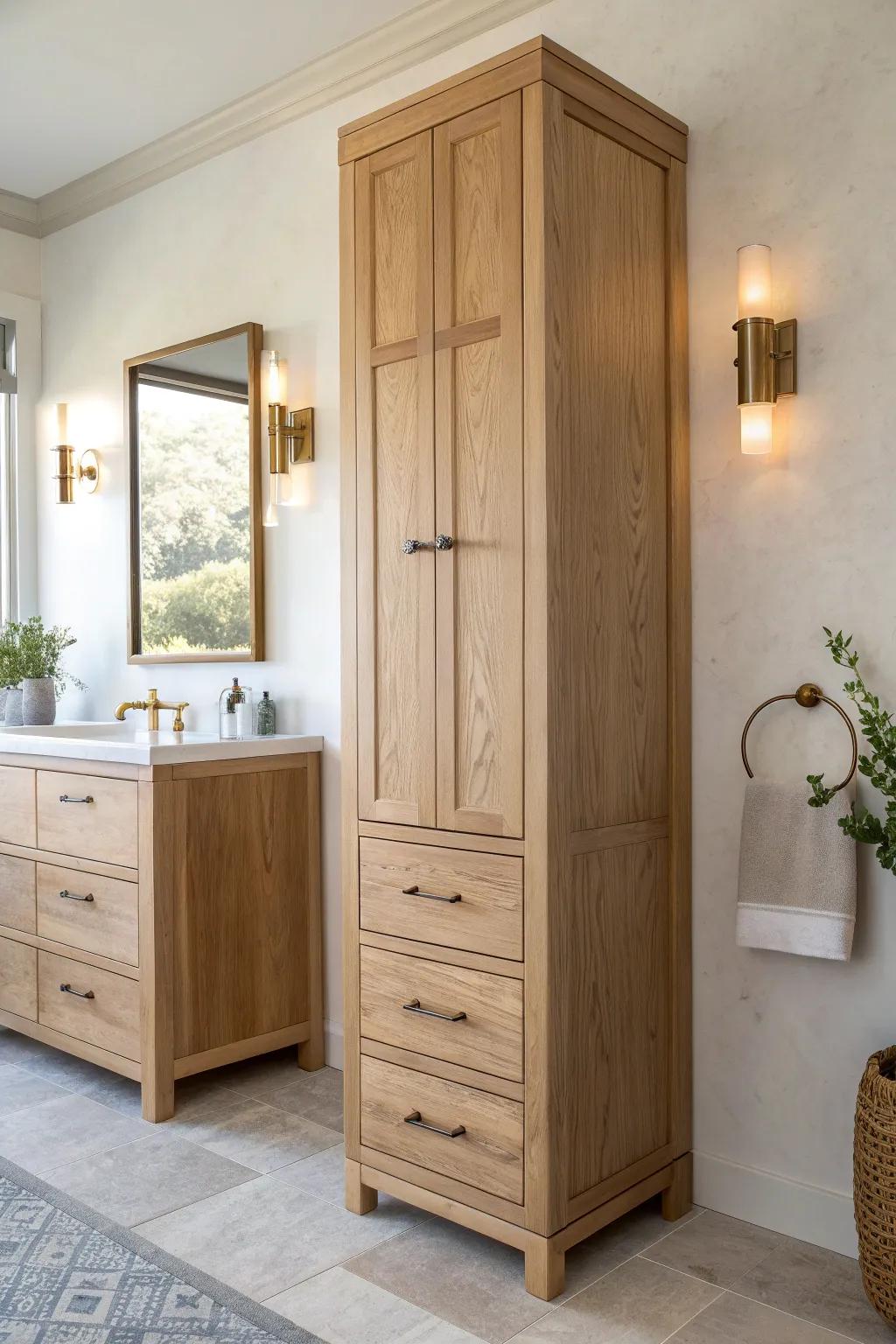 Custom vanity tower with side-mounted sconces—warm glow, balanced mirrors, and clean oak lines.