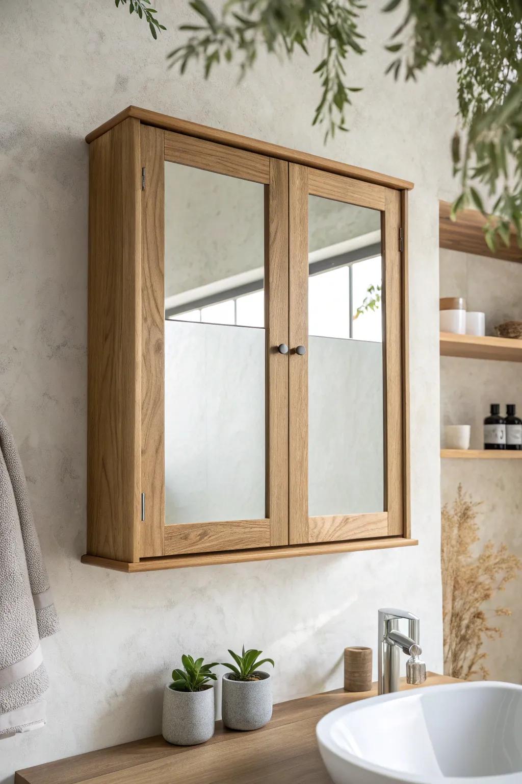 A mirrored upper cabinet that vanishes—warm oak framing adds hidden storage with style.