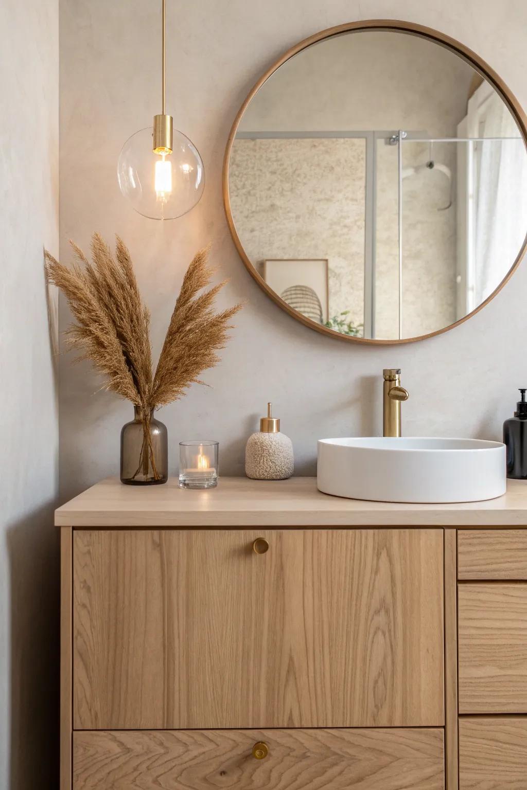 Sconces beside the mirror elevate oak cabinets with boutique lighting and a custom feel.