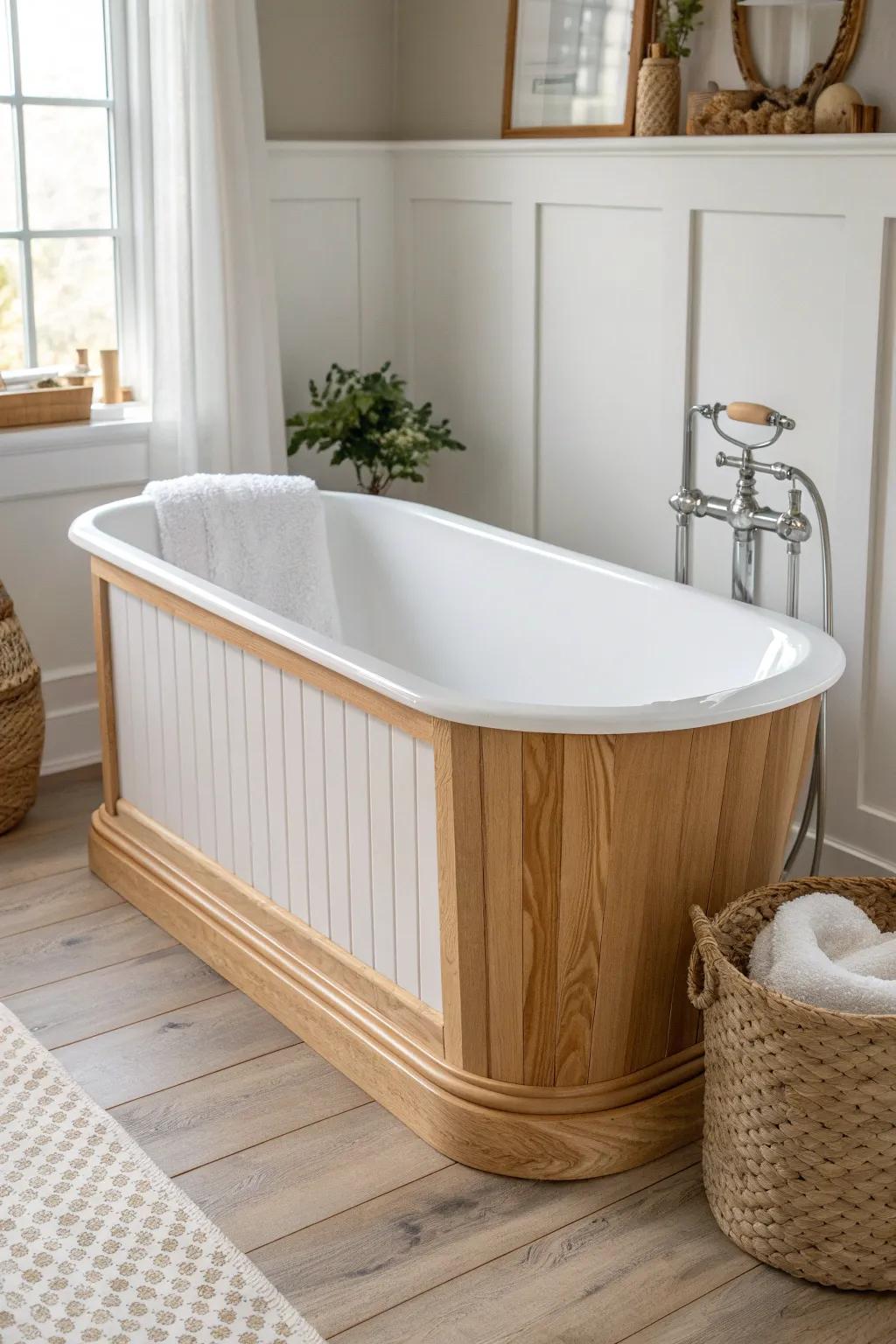 Board-and-batten tub apron with crisp oak base molding—modern farmhouse trim done clean.