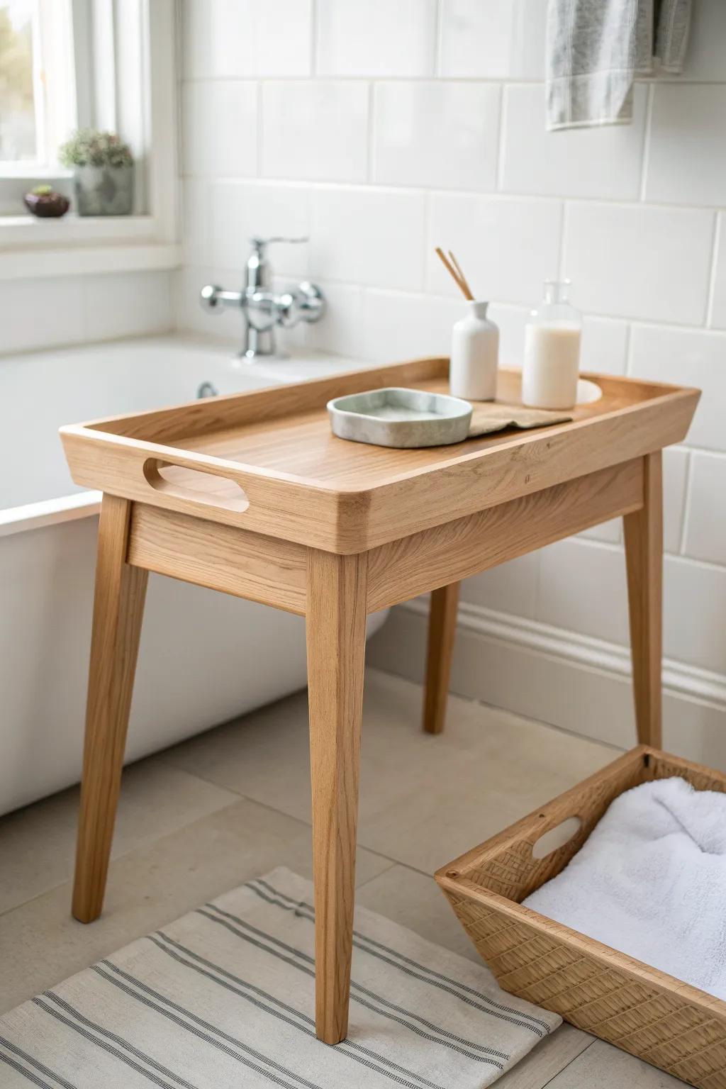 Shallow tray-top bathtub side table—keeps essentials corralled with a sleek wipe-clean finish.