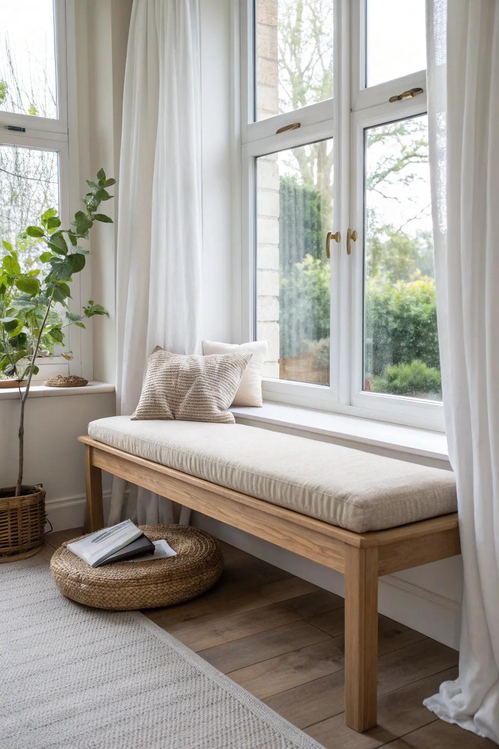 Cushioned bay window bench with a lift-out seat board—easy storage access, no upholstery hassle.