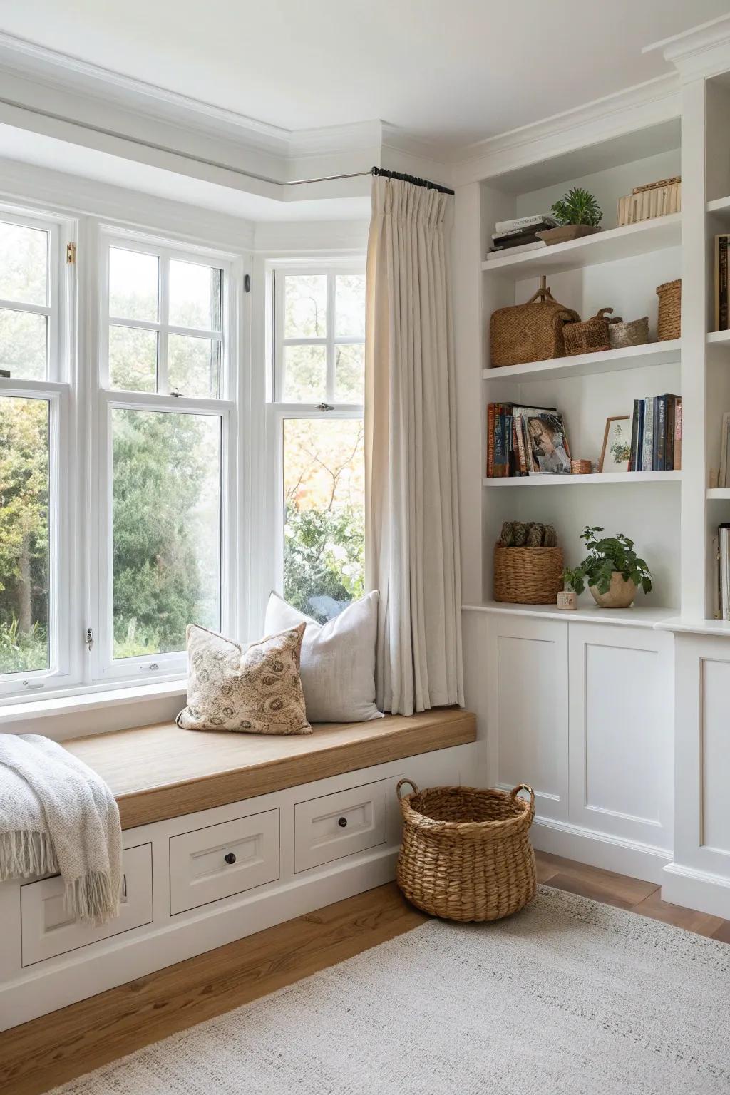 Built-in shelves flanking a bay window seat for a balanced, library-wall look in soft neutrals.