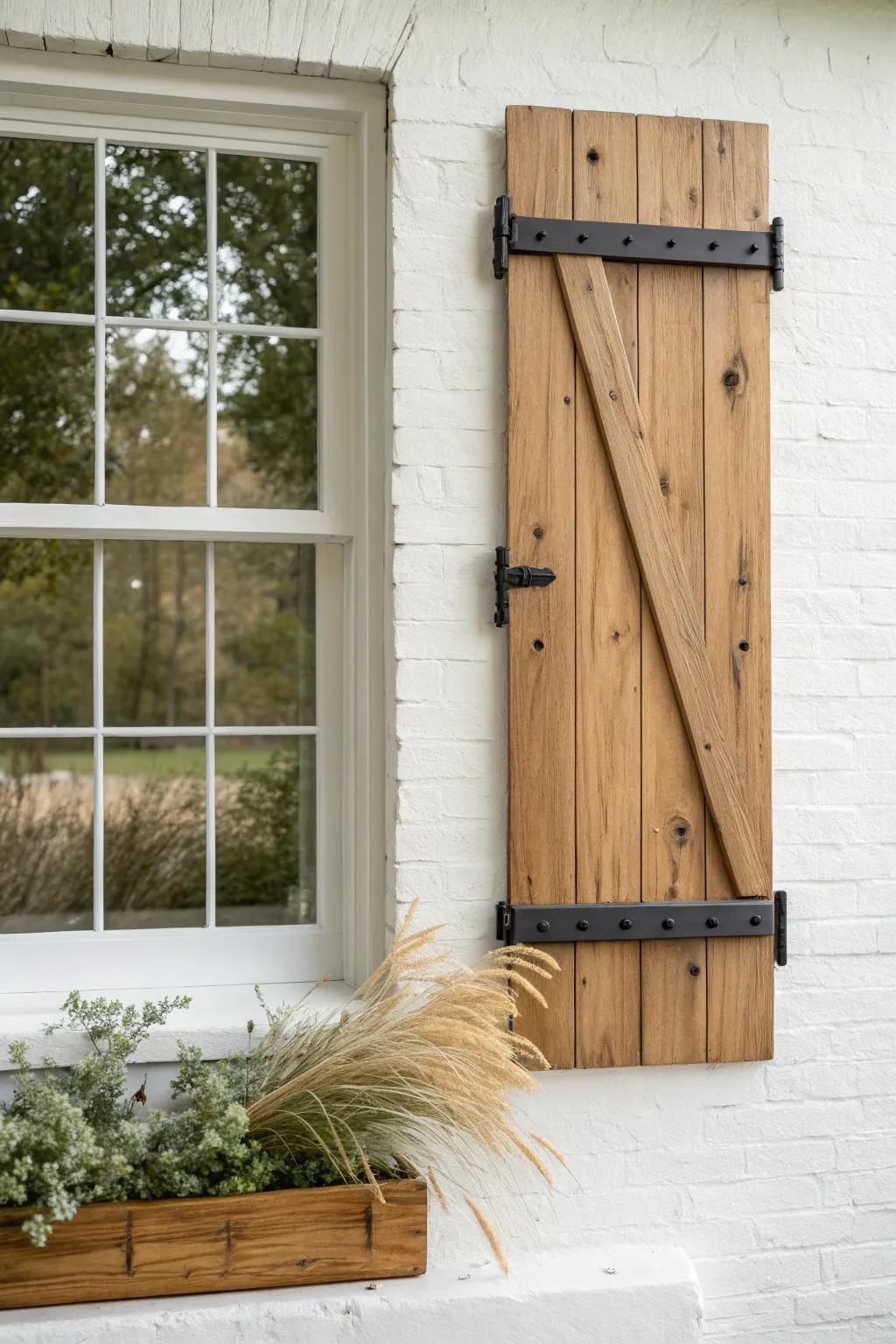 Warm board-and-batten shutters that add rustic farmhouse charm to bay window exteriors.