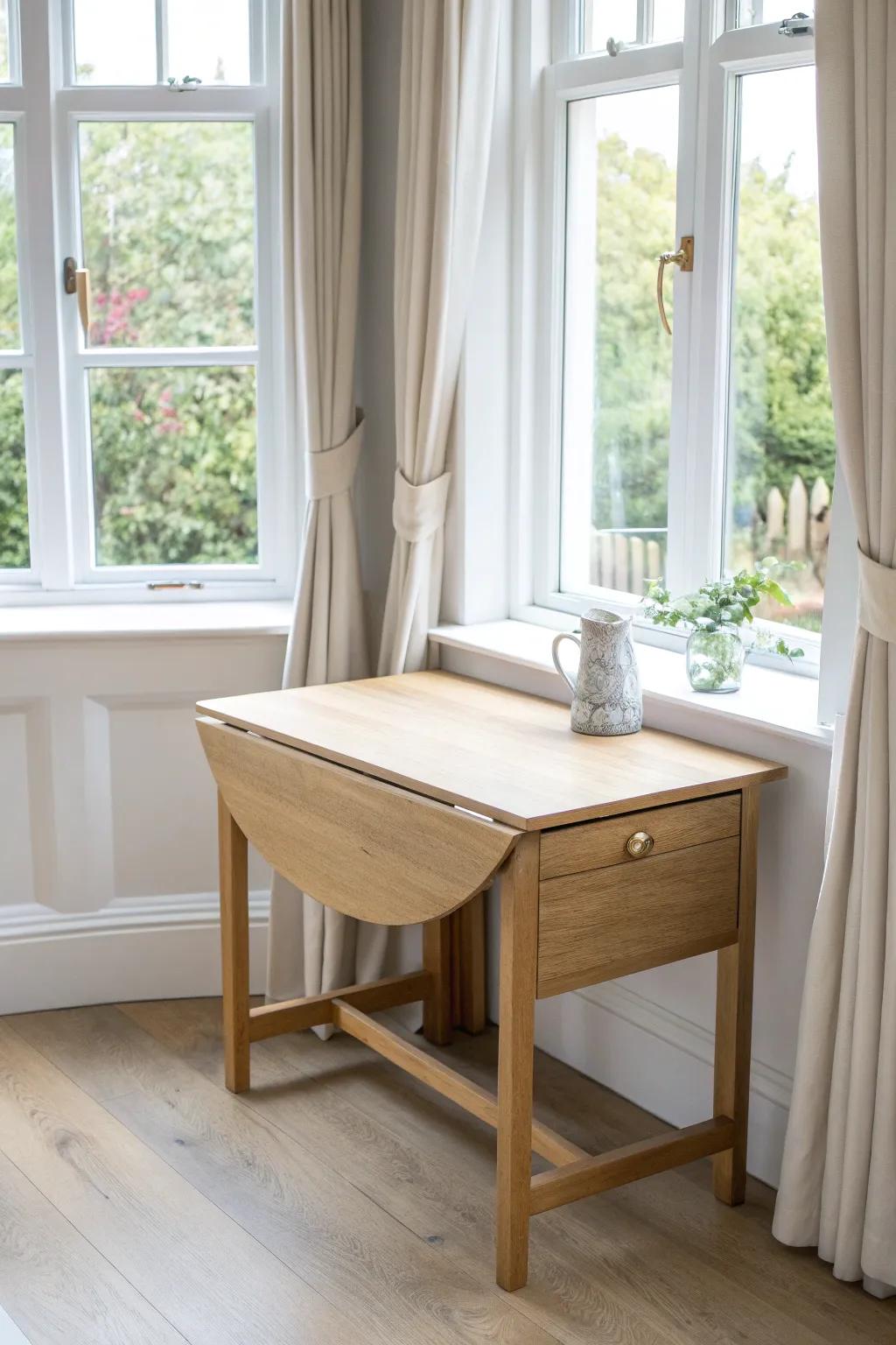 Slim drop-leaf bay window table—folds down fast and adds airy, handcrafted charm.