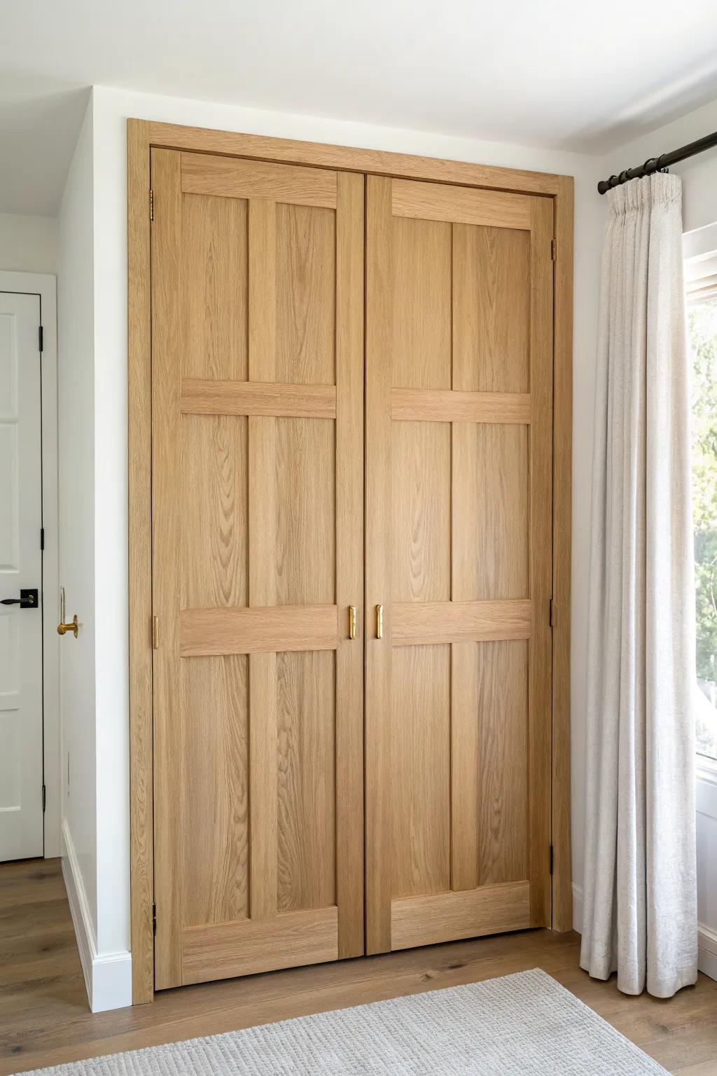 Shaker bi-fold closet doors in warm oak—simple panels, brass detail, and a polished finish.