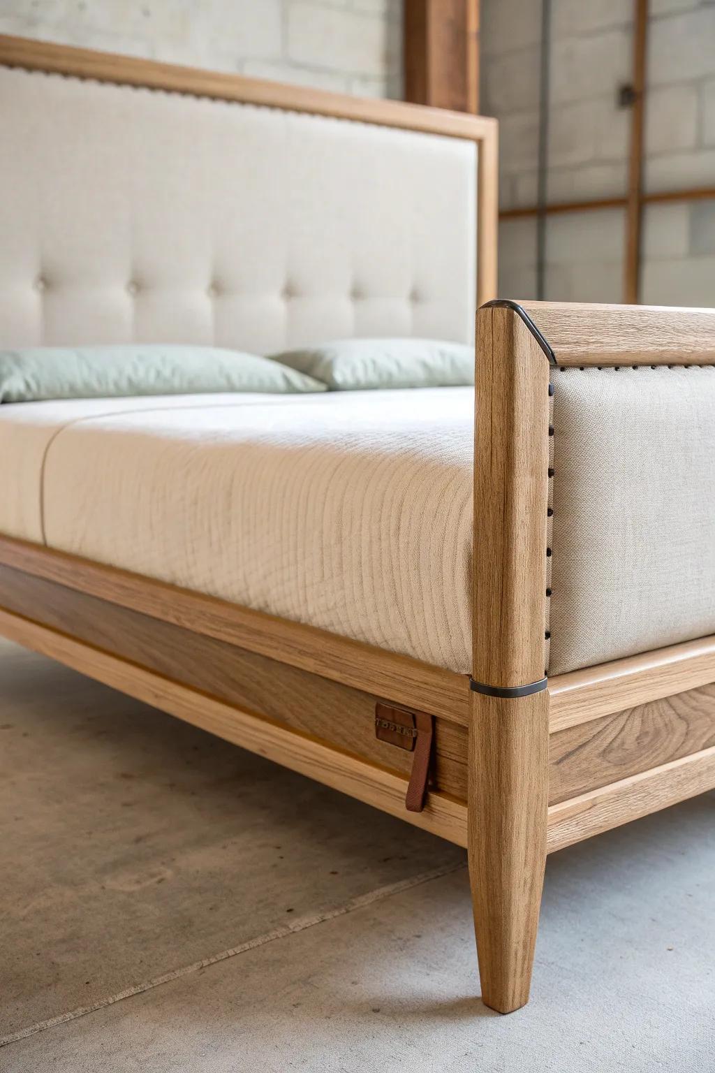 Oak bed frame with a soft linen-upholstered headboard—minimal, cozy, and handcrafted.