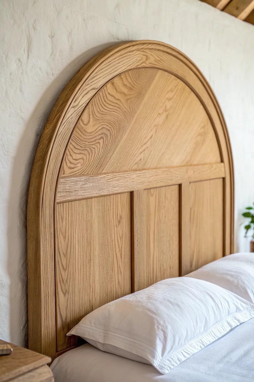 A sculptural arched wood headboard—simple curves, warm grain, instant boutique-hotel vibe.
