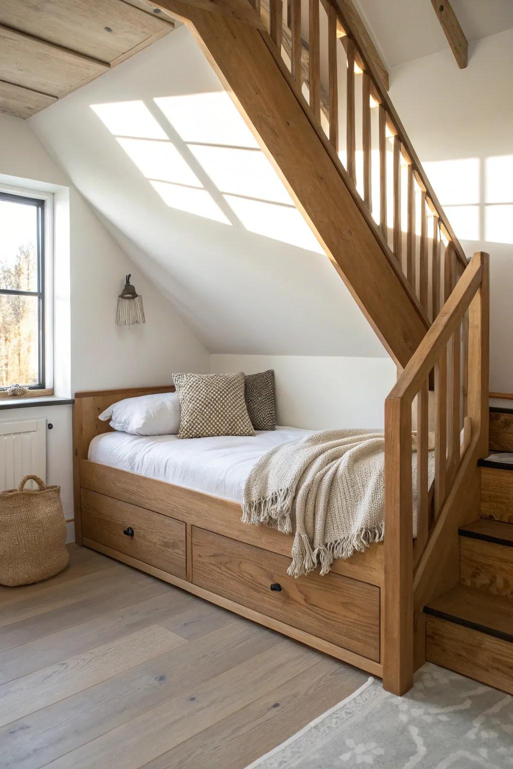 A window-lit under-stairs daybed that turns wasted space into the coziest nap nook.