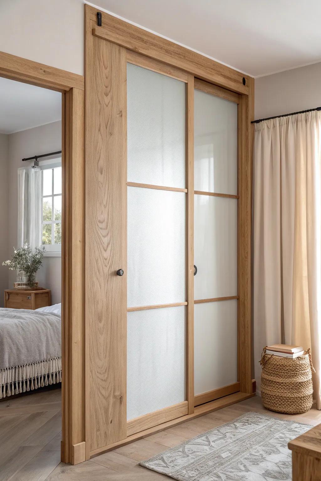 Frosted glass oak closet door—soft privacy with a calm, diffused bedroom glow.
