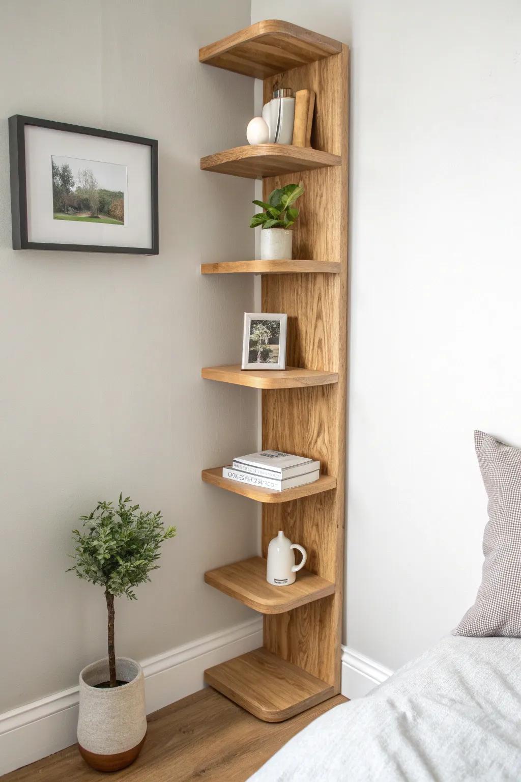 A zig-zag corner shelf turns an empty bedroom corner into a calm, crafted display.