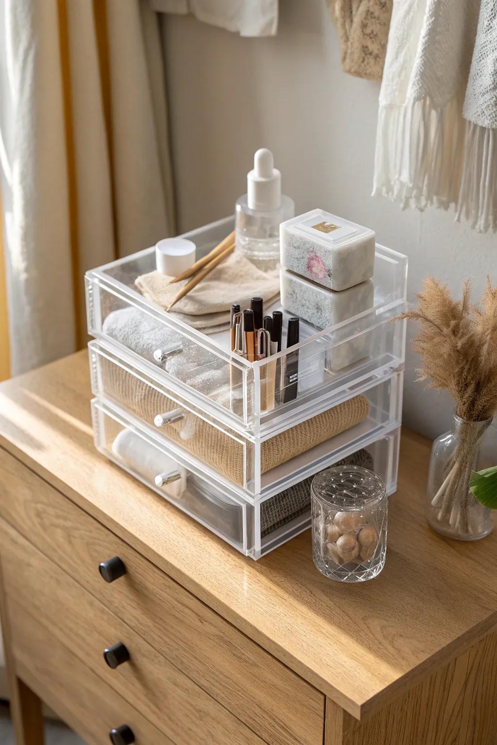 Stack clear mini drawers to tame tiny vanity chaos while keeping your dresser top serene.