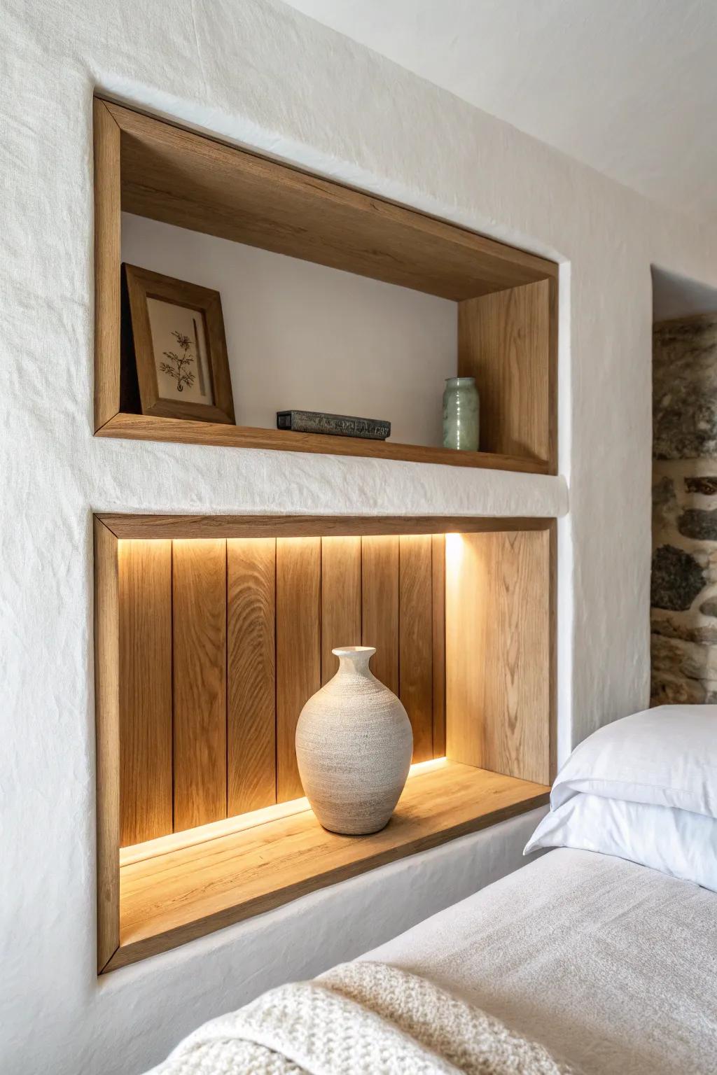 A recessed wood-lined niche ledge adds custom warmth—sleek display with nothing protruding.