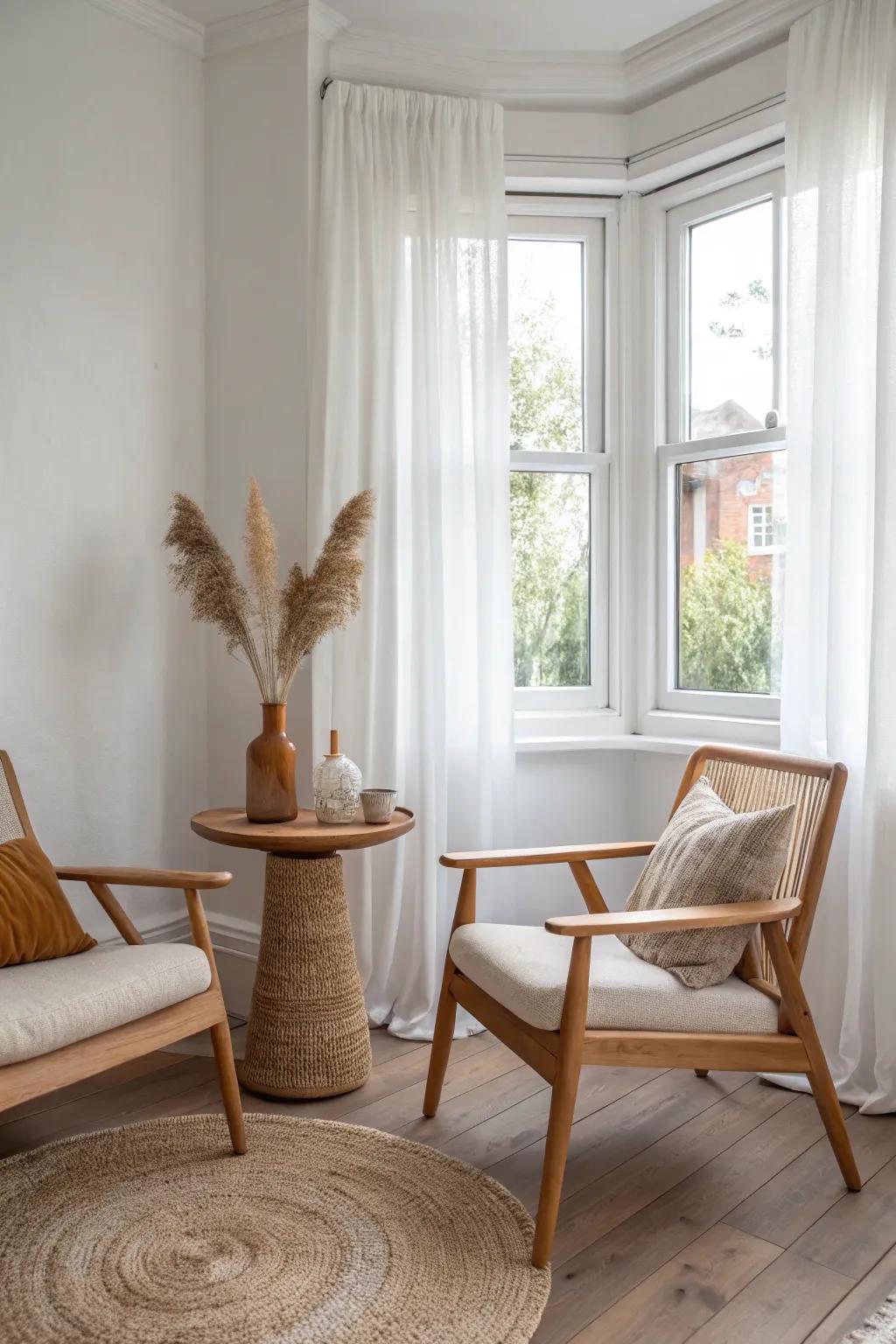 A cozy bay-window nook: two wooden chairs and a round table for calm bedroom conversations.